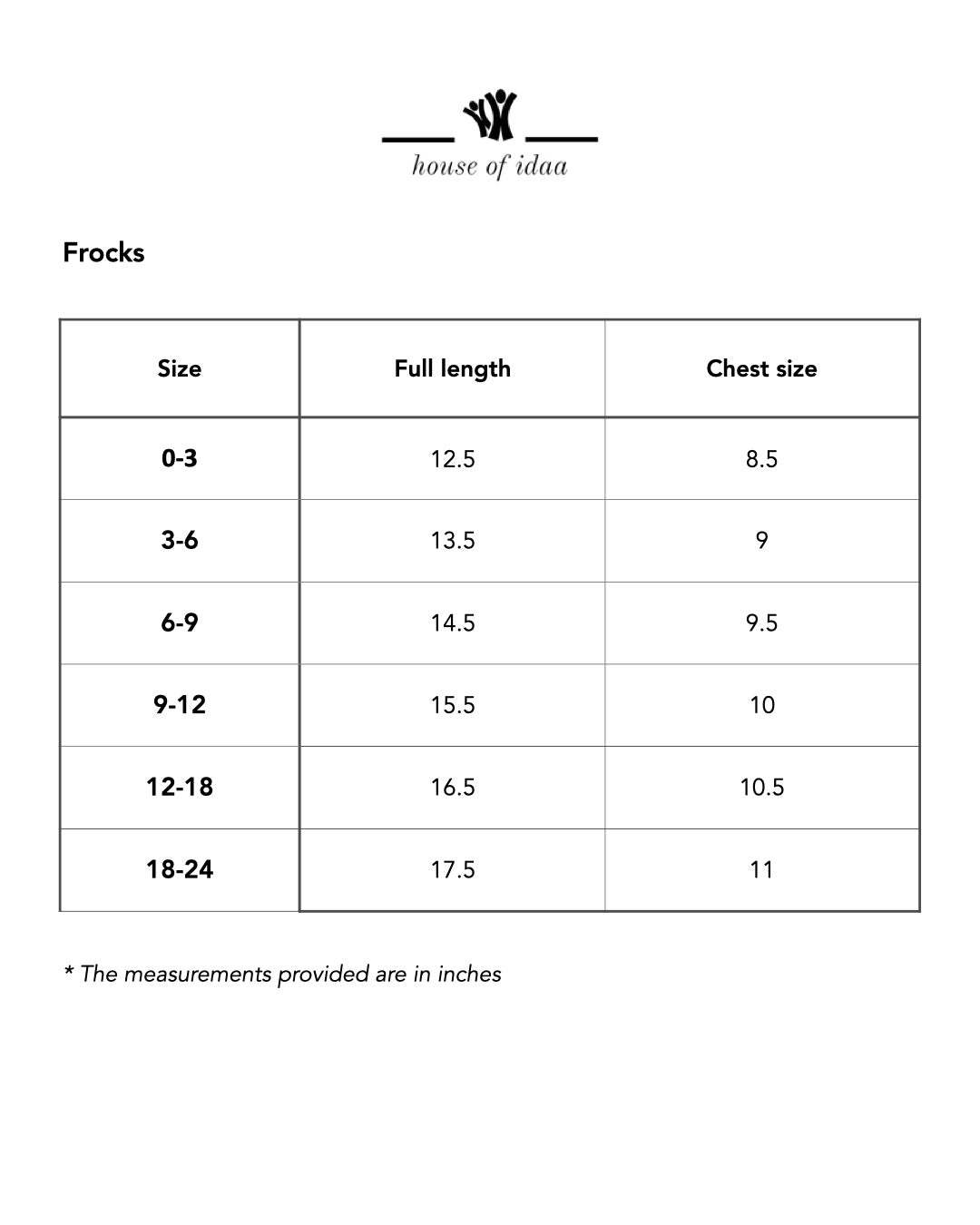 Snow Petal Frock Size Guide