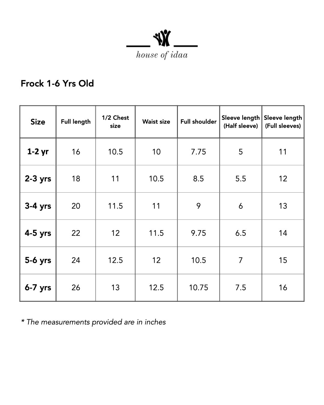 Petal Play Frock Size Guide